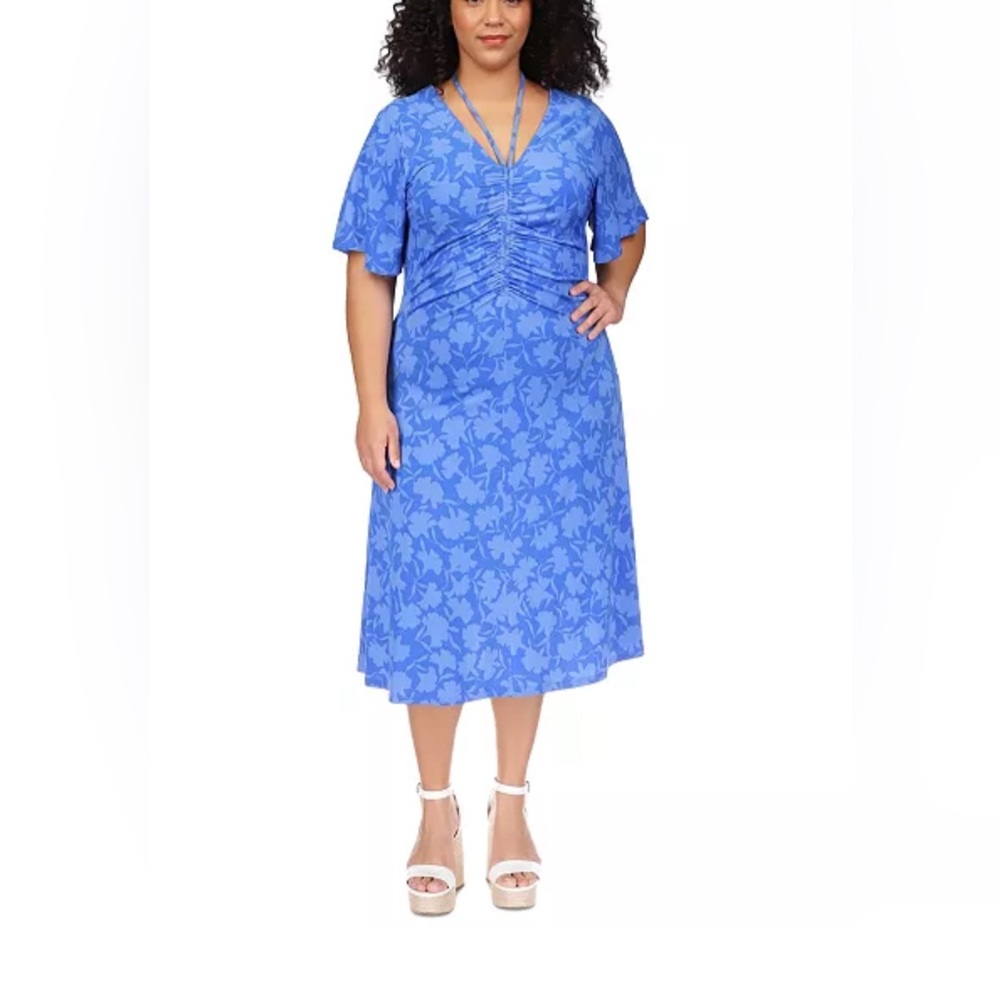 Michael Kors Plus Size Strappy V-Meck Ruche Midi Dress